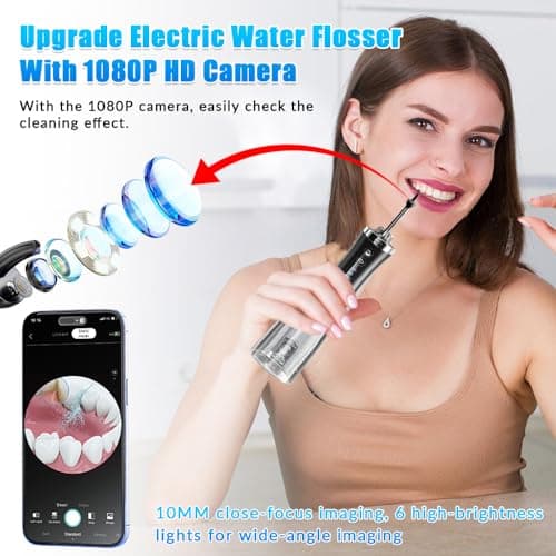 Hydropulseur dentaire pour les dents avec appareil photo, caméra HD 1080p sans fil, irrigateur buccal sans fil, 5 embouts de jet, hydropulseur dentaire rechargeable, IPX7, hydropulseur étanche IPX7,