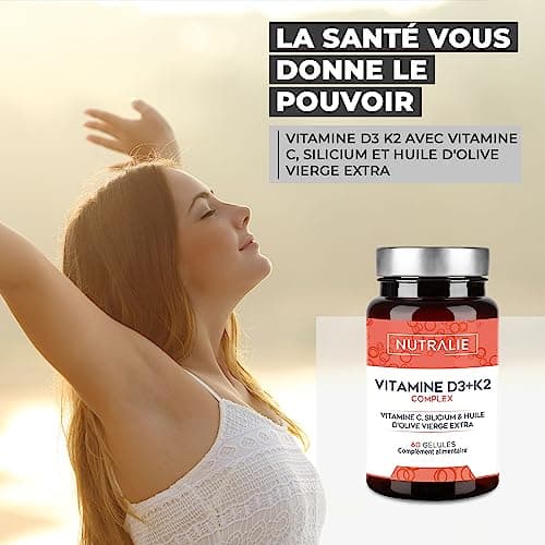 Vitamine D3 K2 (MK7) Haute Dose 10000 UI - Vit C + Huile d'Olive - 20 Mois Traitement - Os Muscles Système Immunitaire - Vitamine D BIO-disponible avec Vitamine K2 C et Silicium - 60 Gélules NUTRALIE