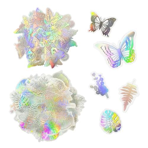 Lot de 150 autocollants laser holographiques, feuilles et papillons, autocollants transparents à paillettes argentées, pour scrapbooking et album photo, autocollants de décoration DIY