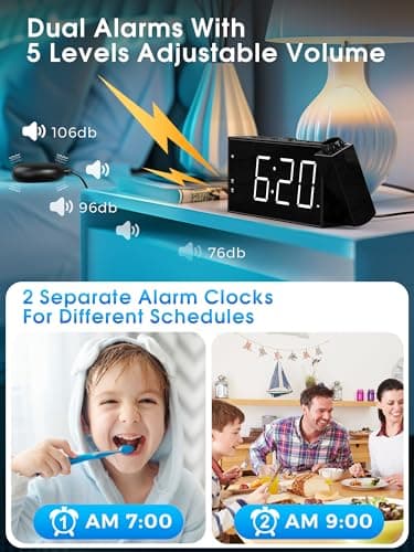 Reveil Projecteur Plafond avec Double Alarme, Horloge Numérique Bruyant pour Sourd, Alarme Bruyante&Shaker Puissant, 180° Horloge Projecteur avec Charge USB, Variateur d'Intensité, 12/24 H, Snooze