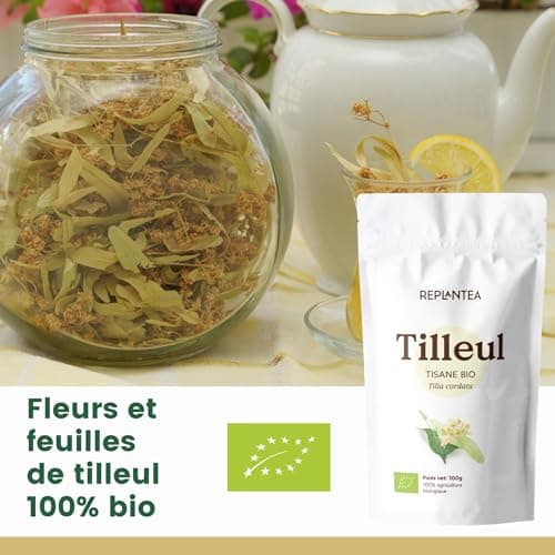 TILLEUL TISANE BIO 100g (50 Tasses) | Infusion Tilleul, Tisane Fleurs Tilleul, Lime Blossoms Tea | Tilia Cordata REPLANTEA