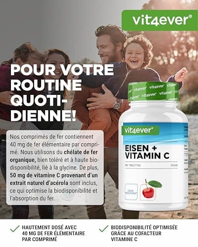 Fer - 365 comprimés avec 40 mg de fer pur + vitamine C naturelle - Matière première de qualité supérieure : bisglycinate de fer (chélate de fer) - Hautement dosé - Végétalien