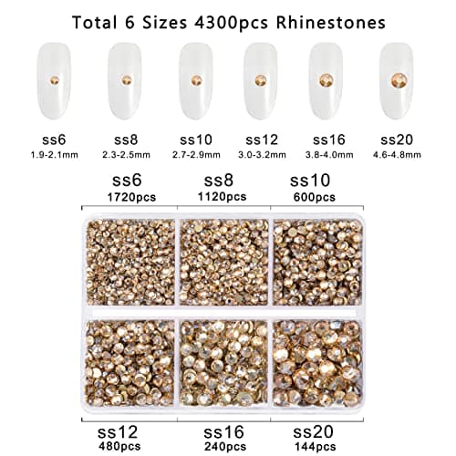 Beadsland SS6–SS20 Lot de 4300 strass ronds à dos plat pour bricolage – Mélange de 6 tailles – Avec pincette et stylo à cire – SS6–SS20 – Champagne doré