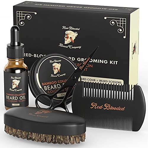Red-Blooded kit barbe homme avec huile à barbe, baume à barbe, brosse à barbe, peigne à barbe et ciseaux à barbe. Cologne parfumée à base d'huile de jojoba et d'huile de macadamia kit soin barbe homme