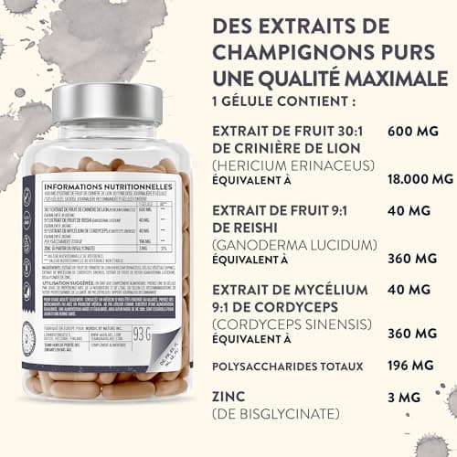 Lions Mane 18000mg 30:1 avec Cordyceps Sinensis, Reishi Ganoderma et Zinc | Criniere de Lion Champignon Hericium Erinaceus Nootropique Puissant Memoire et Concentration Mushroom Complex - 120 Gelules