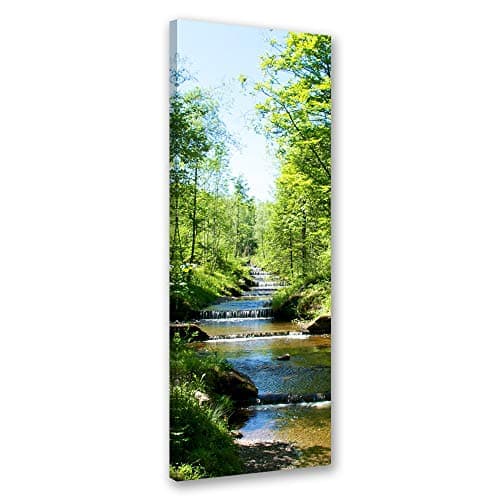 Feeby Impression sur Toile Intissé Ruisseau De La Cascade 30x90 cm Image Moderne Tableau Déco Mural Salle De Séjour Arbres De La Forêt vert