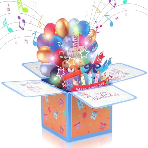 JIZZU Carte d'anniversaire Musicale, Pop-up 3D Carte Anniversaire avec Bougie à Souffler Music Lumière, Carte d'anniversaire pop-up 3D avec Enveloppe pour Femmes Hommes Filles Amis Mères