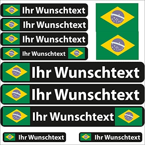 INDIGOS UG® Lot de 13 Autocollants pour nom - Drapeau Lisse - Brésil - 13 Autocollants pour Drapeau - avec nom & Texte souhaité - Vélo, Voiture, Moto, personnalisé