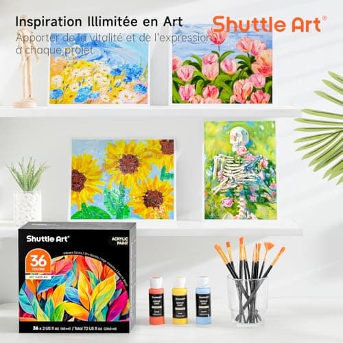 Shuttle Art 48PCS Kit Peinture Acrylique, 36 Couleurs (60ml) Peinture Acrylique avec 12 Pinceaux 1 Palette, Non Toxique, Acrylique Peinture Idéal pour Artistes, Débutants sur Toile Tissu