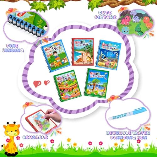 Januts 5 Pièces Livre de Dessin Magique de L'eau Coloriage Réutilisable Graffiti Livre Magique à L'Eau Animaux Thèmes Livres de Coloriage à l'eau Garçons et Filles avec Des Stylos