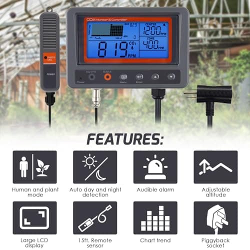 Contrôleur de CO2 Contrôleur de dioxyde de Carbone Moniteur de CO2 Fonction Relais Jour et Nuit, capteur de CO2 NDIR pour Serre, salles de Culture, Usine, Maison, Bureau
