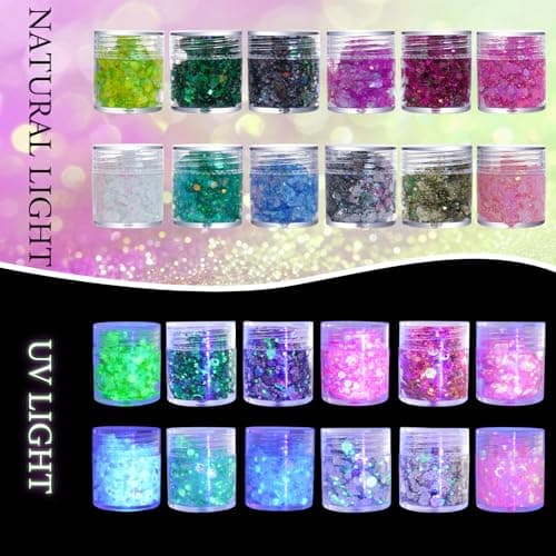 Lumineuse Gel Paillettes Visage, MKNZOME 12 Couleurs Fluorescent Paillettes Visage Festival Chunky Paillettes Maquillage Carnaval Chunky Glitter Gel Corps Cheveux Fête Noël Pâques Anniversaire