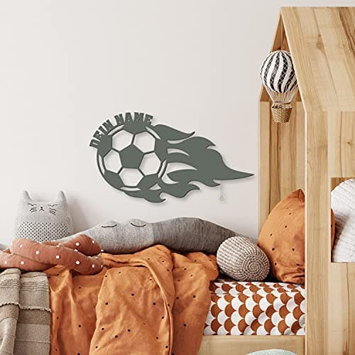 Lampe Led Murale En Bois Gravé - Veilleuse Déco Ballon De Football En Flamme Avec Prénom Personnalisé Pour Filles Et Bébés - Idée De Cadeau Pour Anniversaires, Baptêmes, Naissance - Couleur Au Choix