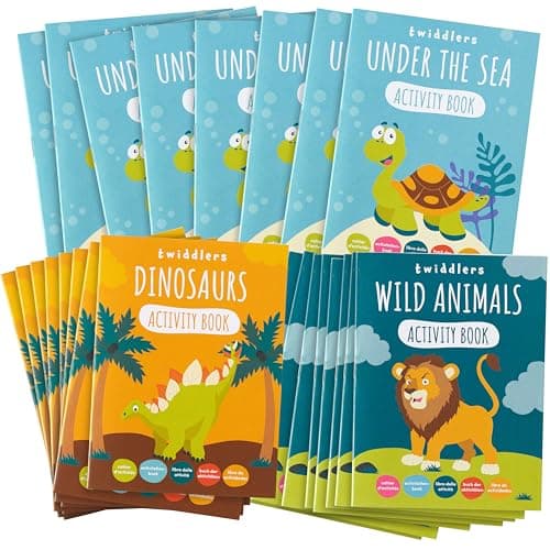 THE TWIDDLERS 24 Mini Livre de Coloriage & d'Activités pour Enfants - Dinosaures, Animaux Sauvages, Animaux sous-Marins - Cadeaux Invités, Pochettes Surprises, Anniversaire, Mariages