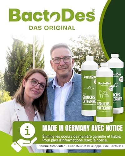 BactoDes - Desodorisant Maison 1L concentré avec Vaporisateur mélangeur - Nettoyant enzymatique Universel avec Action microbienne Bio - Élimination Efficace de Toutes Les Odeur Maison