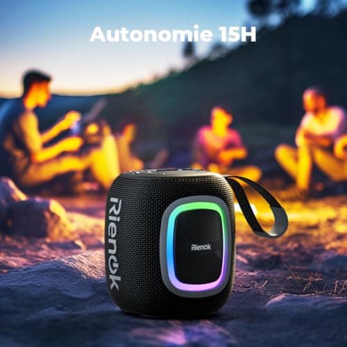 RIENOK Enceinte Bluetooth 5.3 Portable, Haut Parleur Puissant Lumineuse, Autonomie 15H, 1800mAh, Fonction Radio, Port Clé USB, AUX, TF Carte, pour Soirées Plage, Randonnées, Voyage