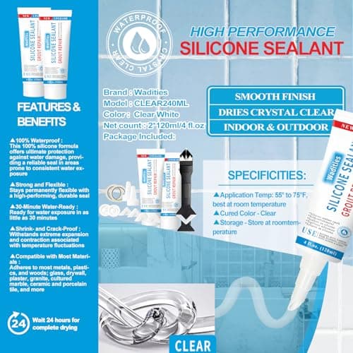 8Oz de mastic silicone transparent étanche, Wadities Kit de réparation des joints de carrelage avec gratte-joint, pour bain, douche, cuisine, sol (4Oz, pack de 2)