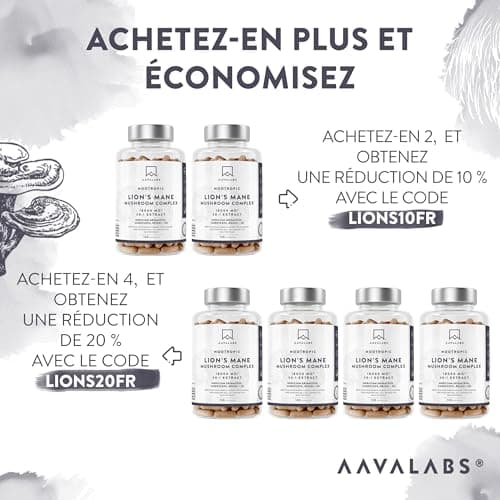 Lions Mane 18000mg 30:1 avec Cordyceps Sinensis, Reishi Ganoderma et Zinc | Criniere de Lion Champignon Hericium Erinaceus Nootropique Puissant Memoire et Concentration Mushroom Complex - 120 Gelules