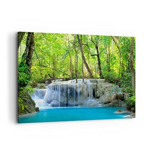 Deco Cadre Décoration Salon Cascade Forêt environnement Moderne Impression sur Toile 120x80cm Image Tableau Decoration Murale Chambre Horizontal Art Wall Tableaux Decoratifs Muraux AA120x80-2664