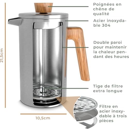WALDWERK Cafetière à Piston (1L) - French Press en Acier Inoxydable à Double Paroi avec Poignée en Bois de Chêne - Cafetière Manuelle Sans Plastique