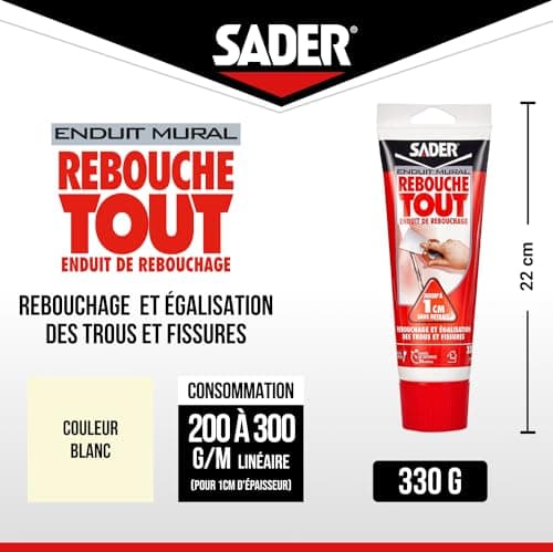 Sader Rebouche Tout – Enduit de Rebouchage Intérieur Prêt à l’Emploi – Tous Supports – Rebouchage et Égalisation de Trous et Fissures Jusqu’à 1 cm – Joint Plaque de Plâtre – 1 Tube 330 g