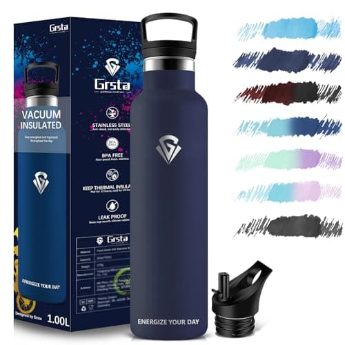 Grsta Gourde Isotherme, Gourde Sport 1000ml, Bouteille Isotherme sans BPA, Gourde Metal, Gourde INOX Reutilisable, Gourde avec Paille pour Gym, Voyage, Bureau