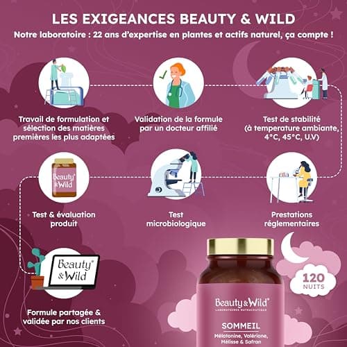 Sommeil, 1.9mg de Mélatonine pour mieux Dormir | FORMAT 4 MOIS - Calme l'esprit & le Corps, Valériane, Mélisse, Safran, Vitamine B6 | Sans accoutumance, 120 gélules, Made in France - Beauty&Wild