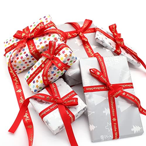 OMISS - Frohe Weihnachten - Ruban Rouge et Ecriture Or - Ruban de type Satin de 19mm