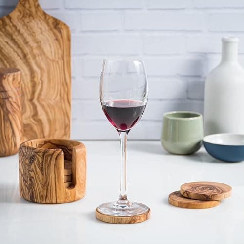 DARIDO Ensemble de 6 sous Verre Rondin de Bois d'Olivier Rustiques avec Support - Faits à la Main - 8 cm - Rondins de Bois Déco - Dessous de Verre - Tranche Bois Décorative – sous Tasse de Bois