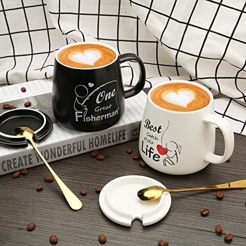 Sovyime Tasse à Café en Céramique, Coffret Cadeau Tasse Couple avec Couvercle et Cuillère, Tasse Cadeau Mariage Couple pour Mariée et Le Marié(One Great Fisherman, Best Catch of His Life)