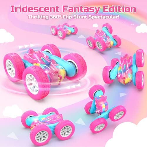 DEERC RC Voiture Telecommandé, 4WD Rose Voiture Telecommandé Enfant Fille, RC Stunt Voiture Jouet 360° Flip Rotatif et Lumière, Jouet Cadeau Fille 3-12 Ans