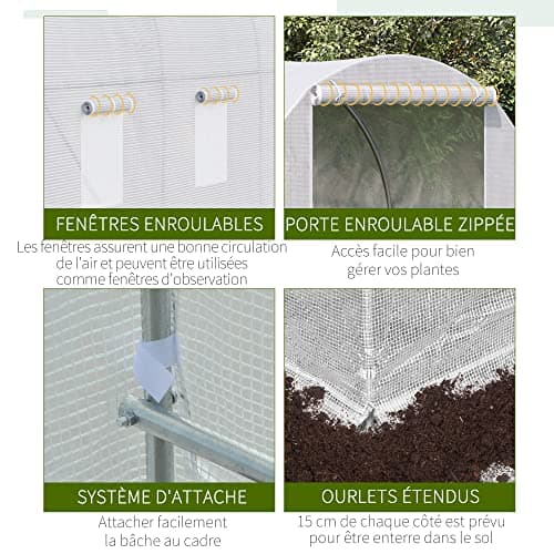 Outsunny Serre de Jardin Tunnel Surface Sol 7 m2 3,5L x 2l x 2H m châssis Tubulaire renforcé 18 mm 6 fenêtres Blanc