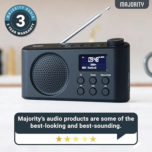 Radio Dab, Dab+ Bluetooth Portable | Batterie Rechargeable ou Alimentation par câble USB-C | 12 Heures de Lecture, Affichage LED, Prise Casque | Double Alarme, FM, 40+ présélections | MAJORITY Orwell