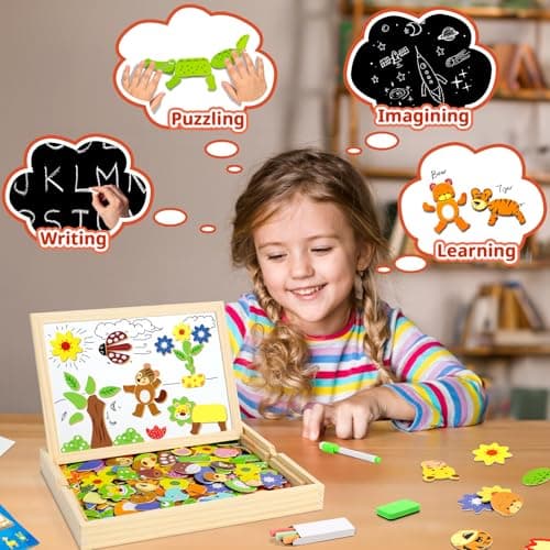 COOLJOY Puzzles en Bois Magnétique, 100+ Pièces Motif Animal Jigsaw avec Tableau Noir de Chevalet à Double Face Jouets Educatif pour Bambin Enfants Fille 3+ Ans