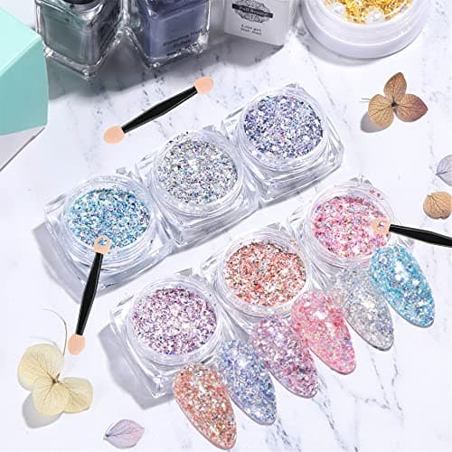 6 boîtes de poudre de paillettes pour ongles, poudre de paillettes avec pinceau éponge, paillettes exquises pour nail art, corps, visage, décoration de festival