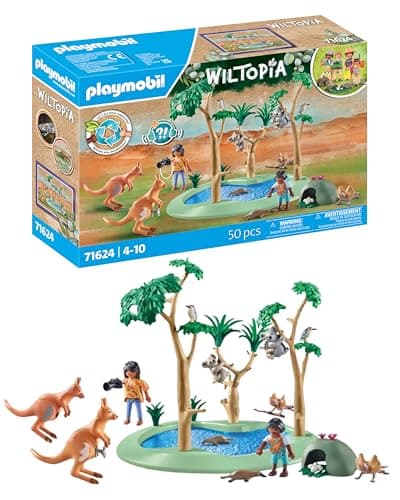 Playmobil 71624 Explorateurs avec Animaux australiens - Wiltopia - Comprend Deux Personnages, Une Mare, des Animaux Ainsi Que des Accessoires - Dès 4 Ans