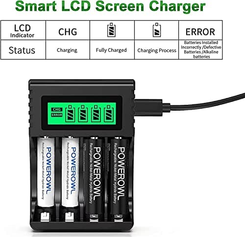 POWEROWL 4 Slots Chargeur Piles Rechargeable Charge Rapide pour AA AAA Rechargeable avec Port USB