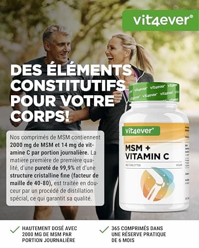 MSM 2000mg - 365 Comprimés - Avec Vitamine C Naturelle d'Acérola - Sans Additifs - 6 mois d'approvisionnement - Hautement Dosé - Vegan