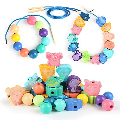 32 Jouets de Filetage en Bois, Perles de Laçage éducative, Perles à Enfiler Montessori, Jeu D'enfilage de Perles Jouet pour D'apprentissage Educatifs pour Garçons Filles 2 3 4 5 6 Ans