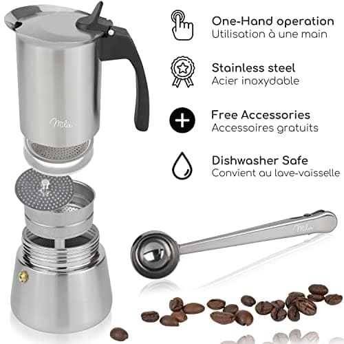 Milu cafetière Italienne Induction | 2, 4, 6, 9 Tasses | Cafetière Moka en INOX, Espresso Maker Acier Inoxydable, Ensemble comprenant un sous-verre, une cuillère, un pinceau (6 tasses 300ml)
