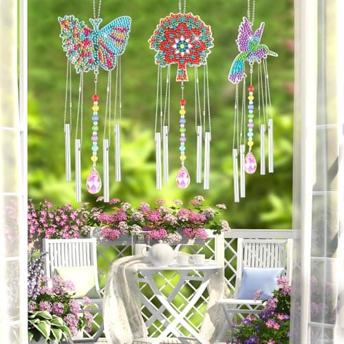 3 Pcs Diamond Painting Carillon à Vent, Diamant Peinture Carillon à Vent Deux Faces, DIY Peinture Diamant Pendentif, Diamond Painting Wind Chime pour Fenêtres, Patio, Jardin