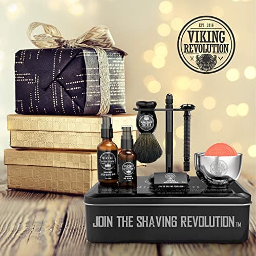 Viking Revolution - Kit Rasage Homme Complet de Luxe - Comprend un Rasoir de Sécurité, un Support, un Bol, un Baume Après-Rasage, une Huile Avant-Rasage & un Blaireau - Cadeau Homme