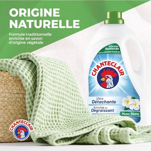 Chanteclair - Lessive Liquide Concentrées Musc Blanc, Enrichie au Dégraissant, Ultra Détachantes et Efficaces aussi à Froid, 40 lavages - 1800 ml