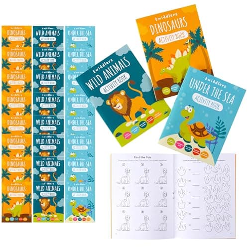 THE TWIDDLERS 24 Mini Livre de Coloriage & d'Activités pour Enfants - Dinosaures, Animaux Sauvages, Animaux sous-Marins - Cadeaux Invités, Pochettes Surprises, Anniversaire, Mariages