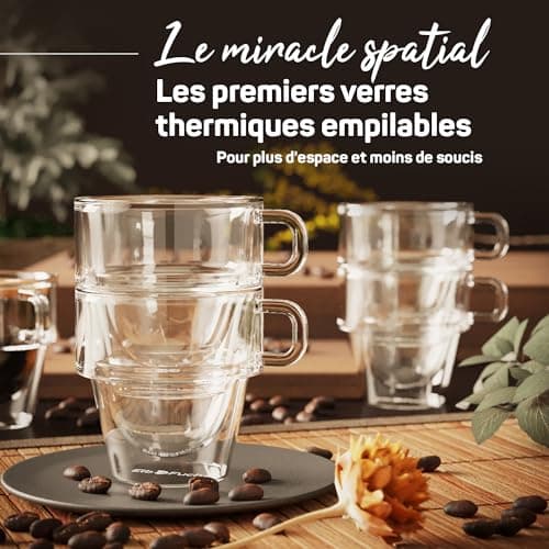 ElbFuchs® Tasse double paroi expresso [4x 150ml EMPILABLE] Verre double paroi à expresso | Verre isotherme | Tasse café transparente | Tasse a cafe double paroi avec anse