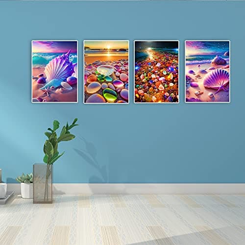 DCIDBEI 4x 3D AI Peinture Diamant Paysage Plage 40x50 cm Diamond Painting Plage et Mer Diamond Painting Paysage Bord de Mer Diamond Painting Coquillage Diamond Painting Fluorescent Pierres