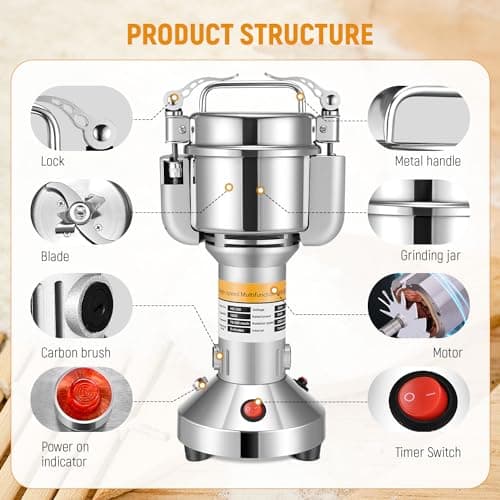 Moulin à Céréales Électrique, Couleeur 500g Haute Vitesse Broyage Moulin à Épices Moulin Epices Grinder Électrique avec 3 Lames en Acier Inoxydable Machine à Poudre pour Céréales Herbes Épices Noix