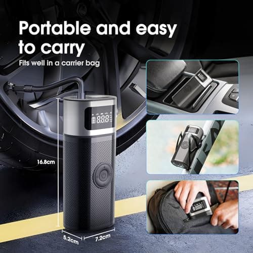 OneAmg Gonfleur Pneus Voiture, Pompe à Air Électronique Portable 12V 5200mAh/150PSI, Compresseur à Air Portatif avec Affichage Numérique et Lumières d'urgence pour Voitures, Motos, Vélos, Ballons
