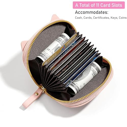 Porte Carte de Crédit Femmes, PU Cuir Porte-Cartes de Visite Protection RFID Portefeuille Porte Monnaie Fermeture Éclair Crédit Portefeuille avec 11 emplacements pour Cartes Women's Wallet,Rose Chaton