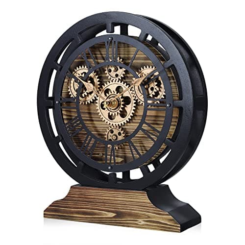 Lafocuse Pendule de Bureau avec Engrenages Mobiles, Bois Industrielle Vintage Steampunk Noire, Transformable en Horloge Murale, Retro Chiffres Romains pour Etagère Table Salon Bar 29cm